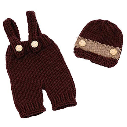 Newborn Baby Photo Shoot Props Girl Boy Crochet Knit Hat Costume Stripe Hat Pants Overalls Photography Props - color: Brown
