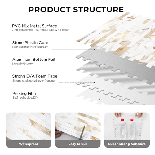 STICKGOO Peel and Stick Backsplash Tile, Stick on Backsplash for Kitchen and Bathroom, Calacatta Gold Marble Look PVC Mixed Metal Gold Self Adhesive Wall Tiles(10 Sheets) - color: Calacatta Gold Mixed Metal Gold