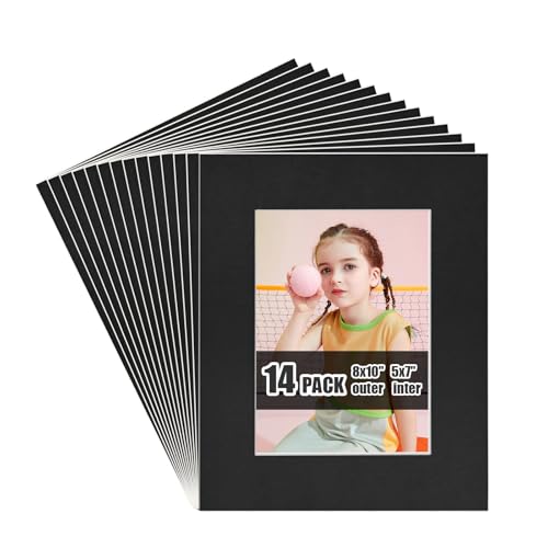 Egofine 8x10 Black Picture Mats Pack of 14, Frame Mattes for 5x7 Pictures, Acid Free, 1.2mm Thickness, with Core Bevel Cut - color: Black-8"x10" for Photos 5"x7" Pack of 14