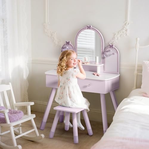 ROBUD Kids Vanity Table and Chair Set, Girls Vanity Set with Mirror, Pretend Play Kids Vanity, Makeup Dressing Table with Drawer and Accessories, Age 3+ (Purple) - color: Purple