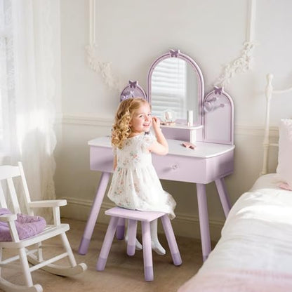 ROBUD Kids Vanity Table and Chair Set, Girls Vanity Set with Mirror, Pretend Play Kids Vanity, Makeup Dressing Table with Drawer and Accessories, Age 3+ (Purple) - color: Purple
