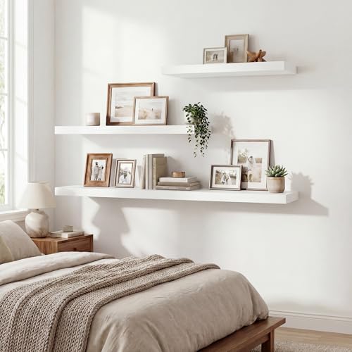 Acovy 24 Inch Floating Shelves for Wall Decor,9.3" Deep Floating Shelf Wall Book Shelves,Large Display Storage Shelf,Wall Mounted Shelves with Invisible Bracket for Living Room,Bedroom,Bathroom,White - color: White, size: 24 Inch,Set of 2