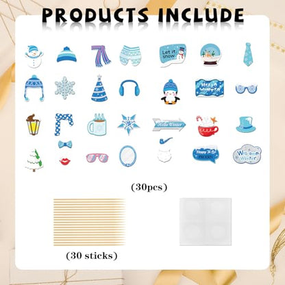 INNORU Snowflake Winter Party Photo Booth Props, Welcome Winter Photoshoot Winter Baby Shower Party Photography Props Favor Let it Snow Centerpiece Sticks Decorations 30 PCS