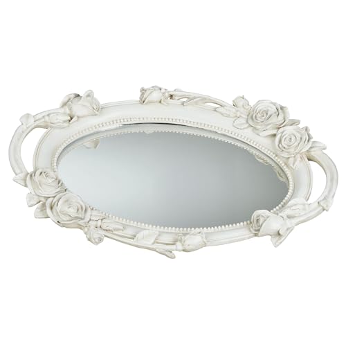 Elegant Rose Melody Mirrored Oval Vanity Tray | Handpainted Rose Flowers Florals Bloom Blossoms Vines | Antique White | Charming Sophisticated