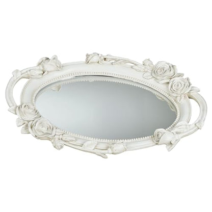 Elegant Rose Melody Mirrored Oval Vanity Tray | Handpainted Rose Flowers Florals Bloom Blossoms Vines | Antique White | Charming Sophisticated