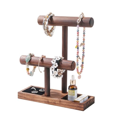 Bracelet Holder, Bracelet Display Stand for Vendors, T-Bar Necklace Scrunchie Wooden Storage Rack, Bangle Watch Jewelry Display Tower (2 Tier) - size: 2 Tier