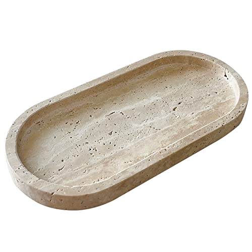 Natural Marble Oval Tray Ornaments Vintage Small Tray Storage Dish for Counter, Vanity, Dresser, Nightstand and Desk (Beige Travertine) - color: Beige Travertine
