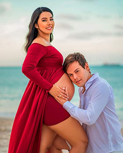 ZIUMUDY Maternity Maxi Chiffon Photography Dress Split Front Gown for Photoshoot - color: Burgundy01