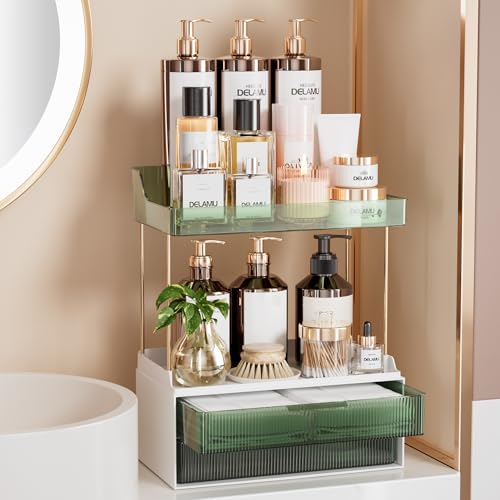 Delamu Bathroom Organizers and Storage, 2 Tier 2 Drawer Makeup Organizer Countertop, Easy to Install, Ideal for Bathroom Counter, Vanity, Ideal for Women Girls, Green - color: Green, size: 2Drawers 1 Pack