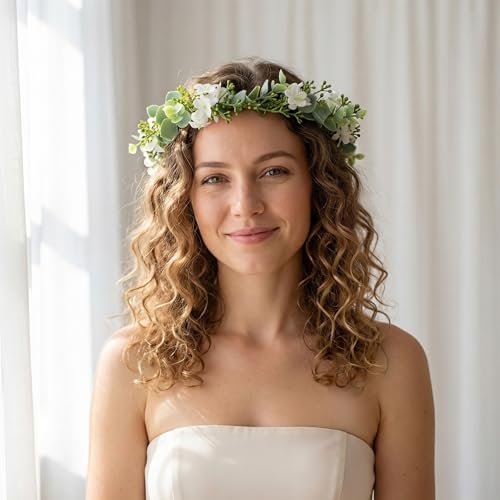 UPSTORE Bohemian Bridal Flower Crown Eucalyptus Leaf Headband with Ribbon Boho Floral Headpices Hair Accessories for Women Girls Wedding Festival Birthday Photo Prop