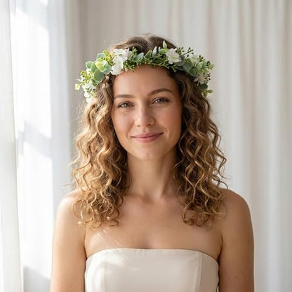 UPSTORE Bohemian Bridal Flower Crown Eucalyptus Leaf Headband with Ribbon Boho Floral Headpices Hair Accessories for Women Girls Wedding Festival Birthday Photo Prop