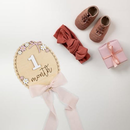 Baby Monthly Milestone Wooden Sign with Numbers, Natural Wood Milestone Board for Newborn Monthly Growth Photos, Cute 3D Flowers Photo Prop for Baby Milestone Memories (Pink Ribbon)