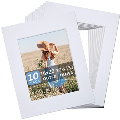 Somime 10 Pack Precut 16x20 Picture Frame Mat, White 16x20 Photo Mat with 11x14 Opening, Acid Free Frame Matte for Artworks, Prints - size: white 10pc precut 16x20