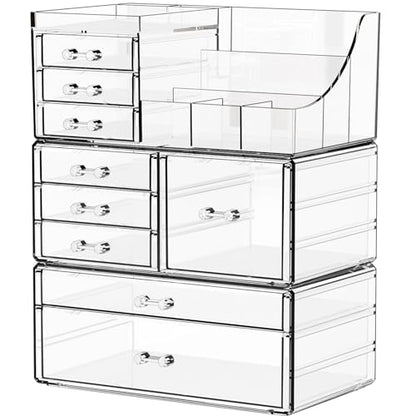 Yieach 3 Pack Clear Makeup Organizer Countertop for Dresser,Vanity and Bathroom Counter Organizer,Tiered Stackable Makeup Acrylic Organizers with 9 Drawer for Skincare,Brush and Make up Holders - style: 9 Drawers