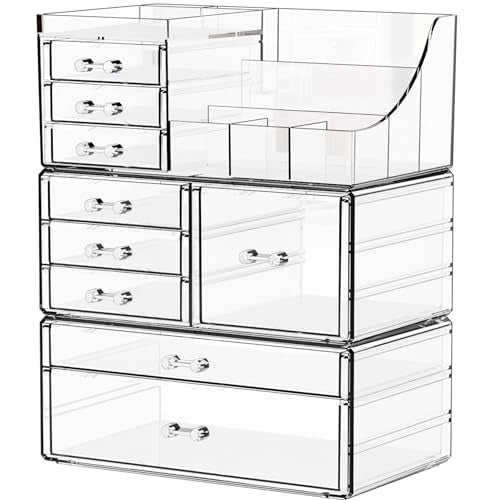 Yieach 3 Pack Clear Makeup Organizer Countertop for Dresser,Vanity and Bathroom Counter Organizer,Tiered Stackable Makeup Acrylic Organizers with 9 Drawer for Skincare,Brush and Make up Holders - style: 9 Drawers