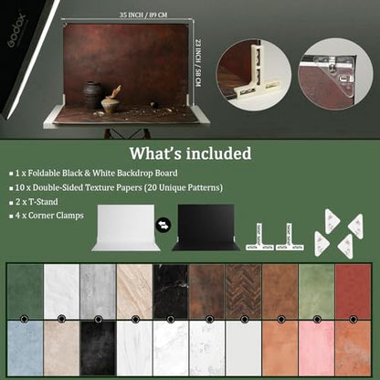 Food Photography Backdrops, 23x35inch 10Pcs Double-Sided Product Background Paper (20 Patterns), Photo Backdrop Board with T-Stand & Clamps for Jewelry, Cosmetics