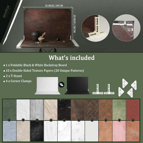 Food Photography Backdrops, 23x35inch 10Pcs Double-Sided Product Background Paper (20 Patterns), Photo Backdrop Board with T-Stand & Clamps for Jewelry, Cosmetics