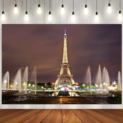 8X6FT Eiffel Tower Backdrop Paris City Square Night Fountain Photography Background for French Landmark Holiday Happy Birthday Banner Wedding Themed Party Photo Booth Props ZH013 ZHTAOYH - size: 8X6FT