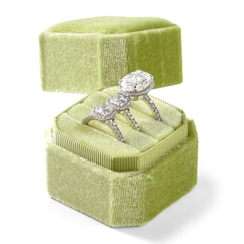 Ring Box, 3 Slots Velvet Jewelry Storage, Octagonal Ring Holder for Proposal, Engagement, Wedding Ceremony (Light Green) - color: Light Green