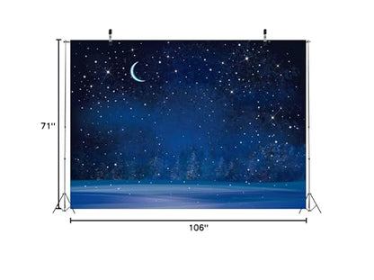 BELECO 9x6ft Fabric Winter Wonderland Night Snowfall Backdrop Blue Starry Sky Moon Stars Snowflakes Fir Trees Pine Forest Snow Scene Background Christmas New Year Party Decoration Photo Studio Props - size: 9x6FT