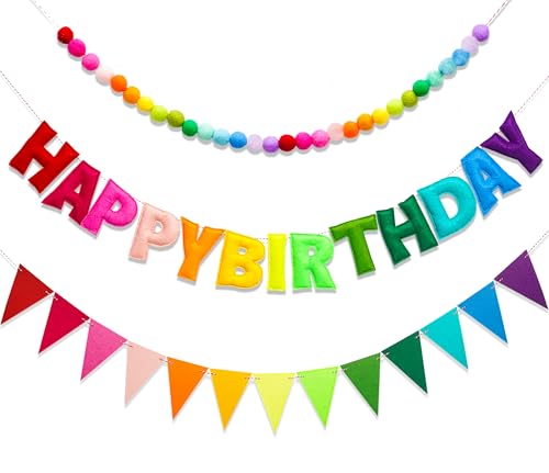 3 Pcs Pre-Strung Reusable Happy Birthday Banner, Handmade Wool Felt Ball Garland, Triangle Flags, Personalized Felt Holiday Sign Pom Pom Garland for Rainbow Party Decorations Fireplace Mantel Wall Window (Birthday Banner + Flags + Rainbow Balls) - color: