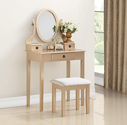 Roundhill Furniture Moniys Wood Moniya Makeup Vanity Table and Stool Set, Gold - color: Gold