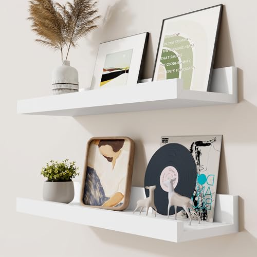 Heimlove Picture Ledge Shelf, Small Floating Shelves Set of 2, 16 Inches Picture Shelf for Wall with Ledge, Kids Bookshelf Wall Mounted for Living Room Bedroom Decor，White - color: White, size: 16'', Set of 2