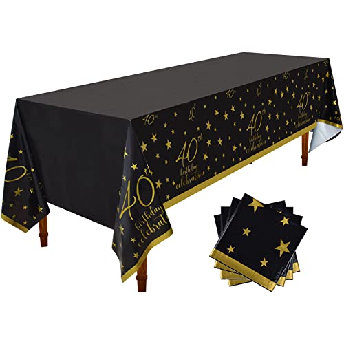 Gatherfun 40th Birthday Disposable Tablecloth 4 Pack Gold and Black Waterproof Plastic Table Cover for Men Woman 40 Birthday Party Decorations - color: 40th