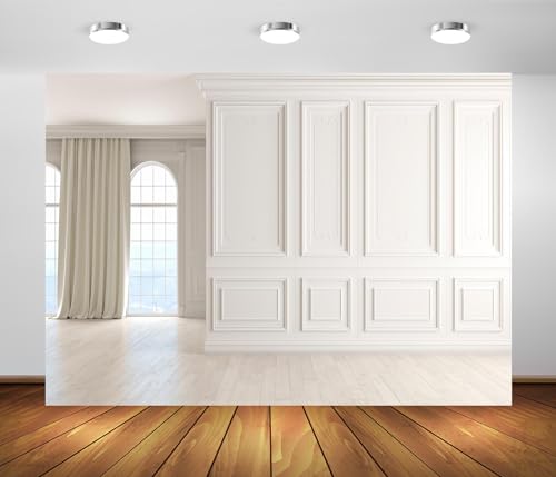 BELECO 8x6ft Fabric Vintage Room Interior Backdrop Classic Grey White Wall with Wooden Floor European Frame Wall Empty Living Room Window Background Business Office Decor Portrait Shoot Photo Prop - size: 8x6FT