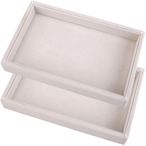 2 Pcs 9" x 5.7" Velvet Jewelry Tray Jewelry Display Tray, Stackable Empty Plate Trays for Earrings Necklaces Bracelet Rings Display Showcase - Beige - color: Beige, size: Flat Tray 9"x5.7"