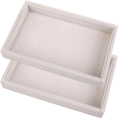 2 Pcs 9" x 5.7" Velvet Jewelry Tray Jewelry Display Tray, Stackable Empty Plate Trays for Earrings Necklaces Bracelet Rings Display Showcase - Beige - color: Beige, size: Flat Tray 9"x5.7"