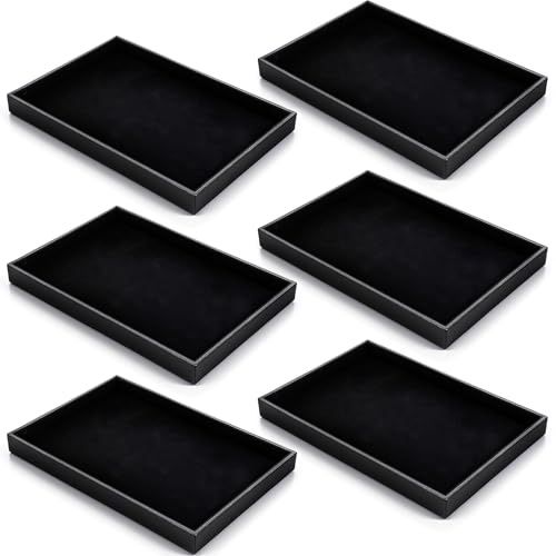6PCS Black Velvet Stackable Jewelry Trays, Jewelry Organizer Tray for Drawers, Countertop & Dresser, Soft Showcase Trays for Rings, Necklaces, Earrings (Velvet Lining)