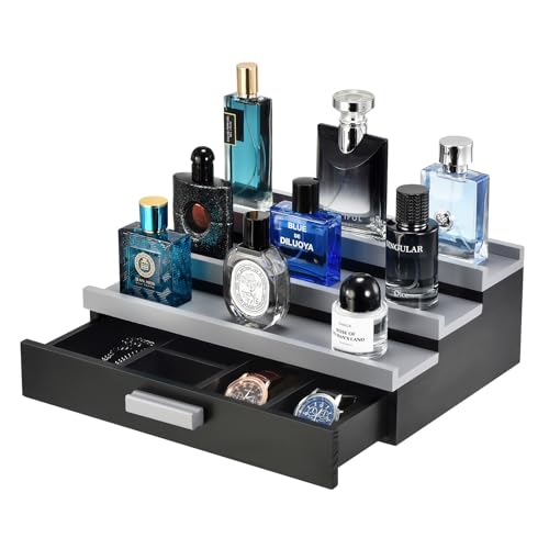 Perfume Organizer for Men, 3 Tier Wood Perfume Display Stand with Velvet Lining Drawer and Hidden Compartment for Watch,Jewelry,Perfume Display Risers,A Gift for Men (Black+Gray) - style: 3 Tier - BlackGrey