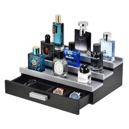 Perfume Organizer for Men, 3 Tier Wood Perfume Display Stand with Velvet Lining Drawer and Hidden Compartment for Watch,Jewelry,Perfume Display Risers,A Gift for Men (Black+Gray) - style: 3 Tier - BlackGrey