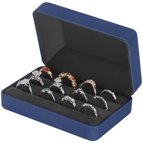 KUKUVR Velet Ring Storage Box - Multiple Rings, Travel Jewelry Case, 3 Slot Portable Ring Display Organizer (Blue) - color: Blue