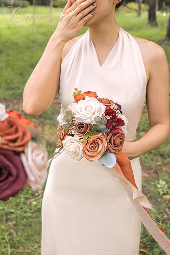 Lookein Set of 4 Bridesmaid Bouquet for Wedding 7 Inch Artificial Flowers Bouquet Wedding Bouquet Bridal Bouquet Tossing Bouquet for Wedding Ceremony Anniversary Bridal Shower, Chic Terracotta - color: 7" Chic Terracotta