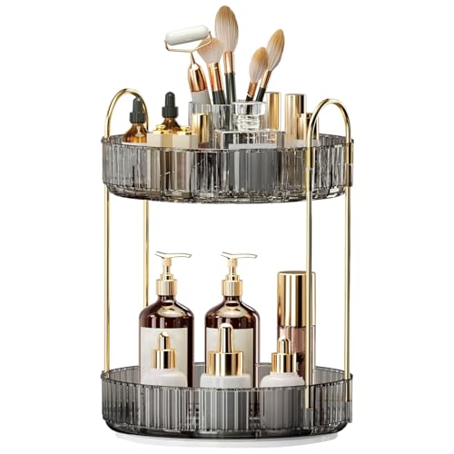 360° Rotating Makeup Organizer, Large-Capacity Skincare Make Up Storage 2 Tier Perfume Organizers Cosmetic Dresser Organizer with Makeup Brush Holder, Fits Bedroom, Bathroom, Vanity Shelf Countertop - color: Light Gray, size: 2 Tier