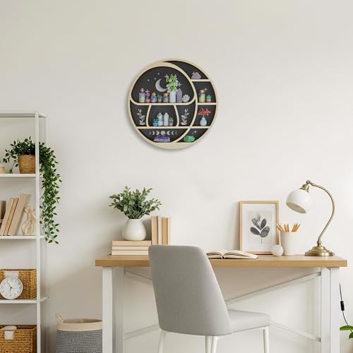 Circle Mushroom on The Moon Wall Shelf with LED Light, Wooden Trinket Knick Knack Shelf, Mushroom & Moon Decor Crystal Display Shelf for Rocks Gems Healing Stones, Cute Crystal Holder Organizer - color: Mushroom & Moon