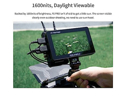 FEELWORLD F6 Pro +NP-F970 Battery, Charger, Storage Case kit, 5.5 Inch 4K HDMI Touch Screen On-Camera Monitor 1600nits High Bright FHD 1920x1080 Filed Monitor with F970 External Install and Power kit
