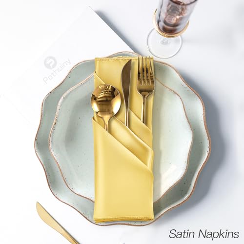P Pothuiny 12 Pcs Silky Gold Satin Napkins 17 x 17 Inches, Square Smooth Wedding Dinner Napkins Satin Cloth Napkins Table Napkins for Banquet Party Restaurant Decor, Thanksgiving, Christmas - color: Gold