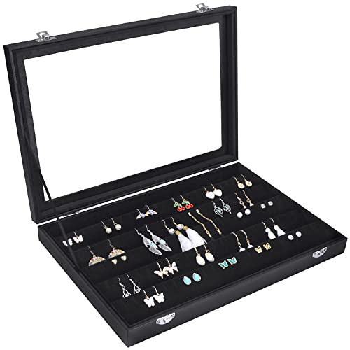 Siveit Earring Organizer Tray Velvet Earring Display Organizer Storage Box Premium 110 Slot 55 Pair Earring Display Organizer with Transparent Glass Cover Suitable for Women and Girls (Black) - color: Black