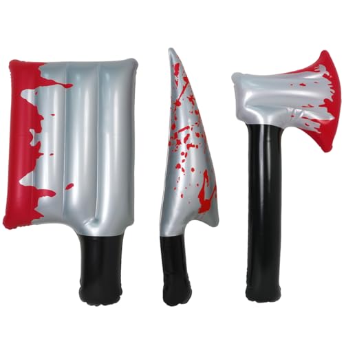 3Pcs Bloody Halloween Inflatable Weapons Prop,Bloody Knife Halloween Prop Set,Realistic Looking Prank Toy,Halloween Cosplay Horror Party Supplies