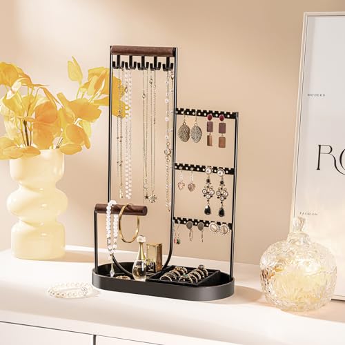 ProCase Jewelry Organizer Tower, 10 Hooks Jewelry Storage Rack Tree Holder Stand with Velvet Ring Display Tray for Necklaces Bracelets Earrings Rings Watches -Black - color: Balck