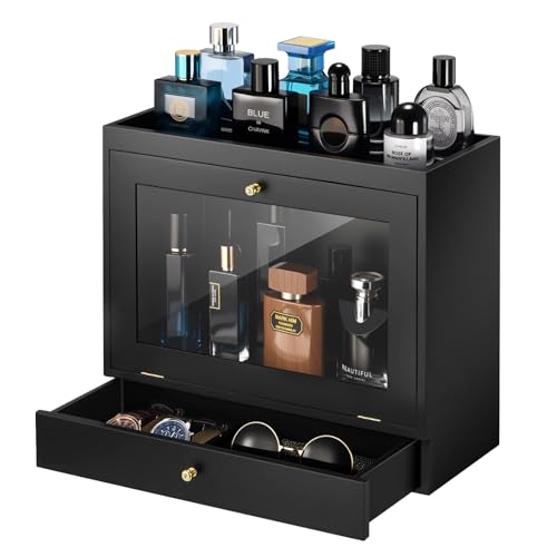 Perfume Organizer for Men, Wood Perfume Display Stand with Velvet Lining Drawer,Capacity Dustproof Perfume Holder for Watch,Jewelry,Perfume Display Risers,A Gift for Men (Black) - color: Black