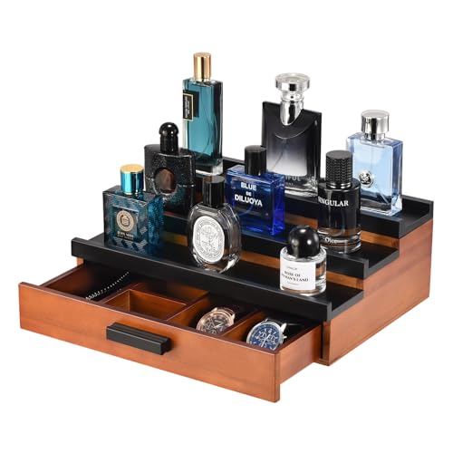 Perfume Organizer for Men, 3 Tier Wood Perfume Display Stand with Velvet Lining Drawer and Hidden Compartment for Watch,Jewelry,Perfume Display Risers,A Gift for Men (Black+Walnut) - style: 3 Tier - BlackWalnut