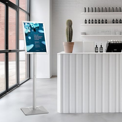 YIYO Sign Stand Poster Stand，adjustable heavy duty pedestal Sign Holder Floor Stand，acrylic frame floor signage standing for display menu 8.5*11 inch，Silver (acrylic frame 8.5*11 Silver)