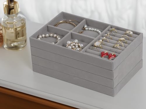 Set of 4 Stackable Jewelry Trays Organizer, Velvet Earring Organizer, Jewelry Organizer Showcase Display Drawer Organizer Storage, Earring Holder Necklace Bracelet Ring Accessary Organizers (Gray) - color: Gray