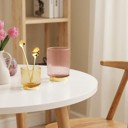 Makeup Brush holder Organizer, Crystal Glass Toothbrush Holders, Striped Make Up Brush Holder for Vanity, Pen Holder for Desk, Vase -Pink (S+L) - color: Pink
