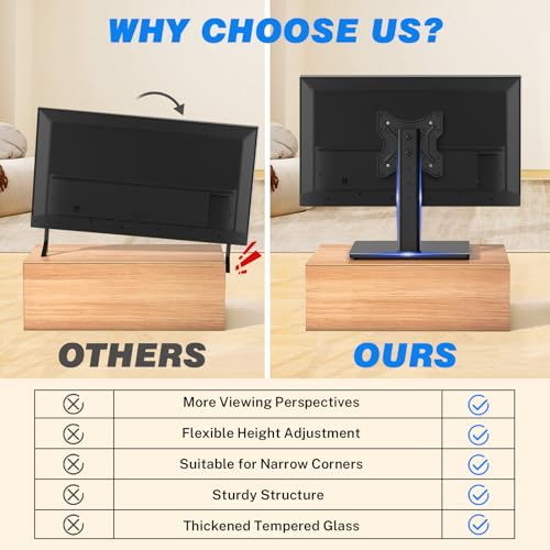 Rfiver Universal Swivel Tabletop TV Stand for Flat Screens 23 24 26 32 39 40 42 43 Inch, Heavy Duty Center Pedestal Stand Replacement with Black Tempered Glass Base and Height Adjustable Mount - size: 19-43 inch
