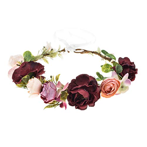 Vividsun Bridal Green Leaf flower Crown Eucalyptus Floral Headband Wedding Festivals Photo Props (Burgundy) - color: Burgundy
